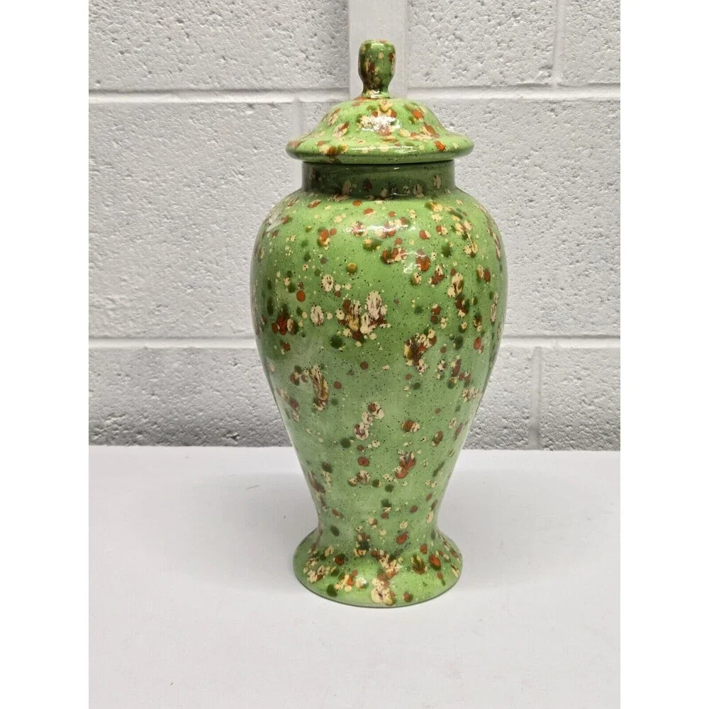 Apothecary Style Jar Lid Large Ceramic Container Green Splatter 70's Perfect